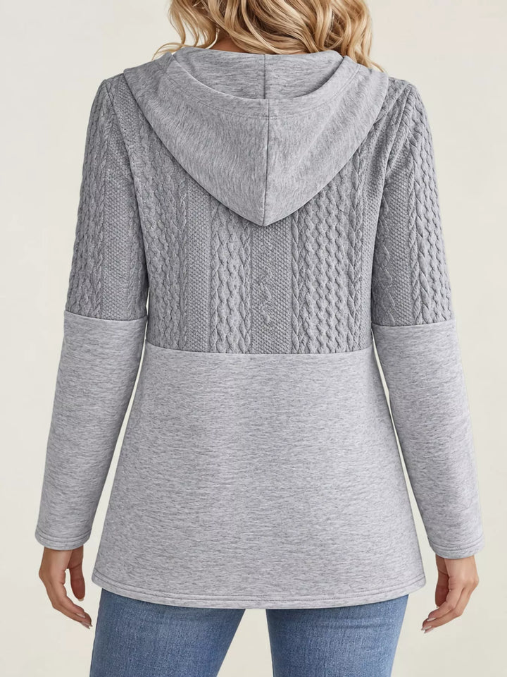 Hooded zip front cable knit colorblock in gray, back view
