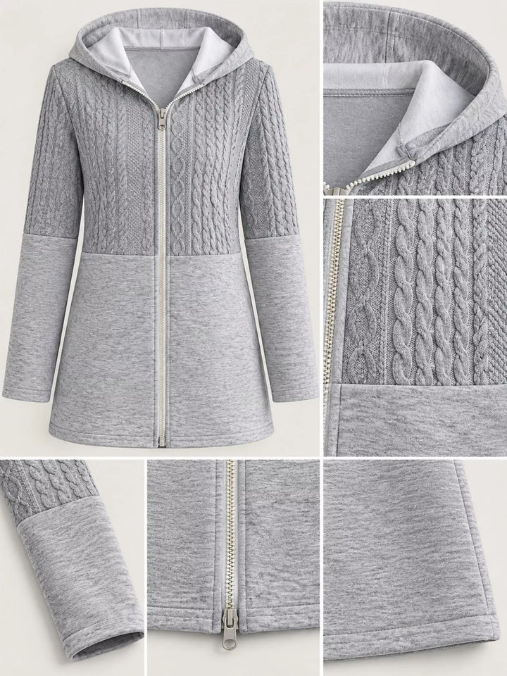 Hooded zip front cable knit colorblock in gray, close-up detail