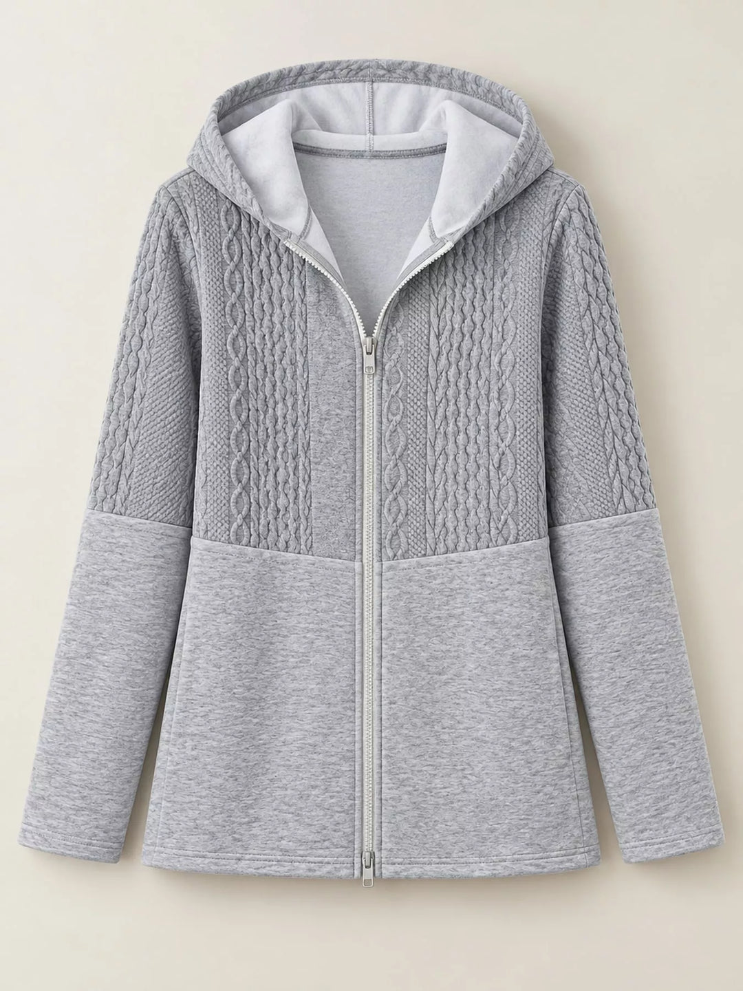 Hooded zip front cable knit colorblock in gray, flat lay