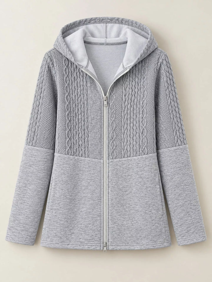 Hooded zip front cable knit colorblock in gray, flat lay
