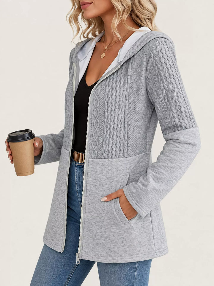Hooded zip front cable knit colorblock in gray, styled on model