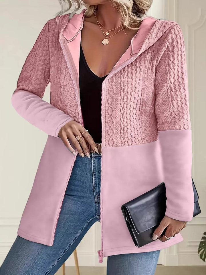 Hooded zip front cable knit colorblock in pink, front view