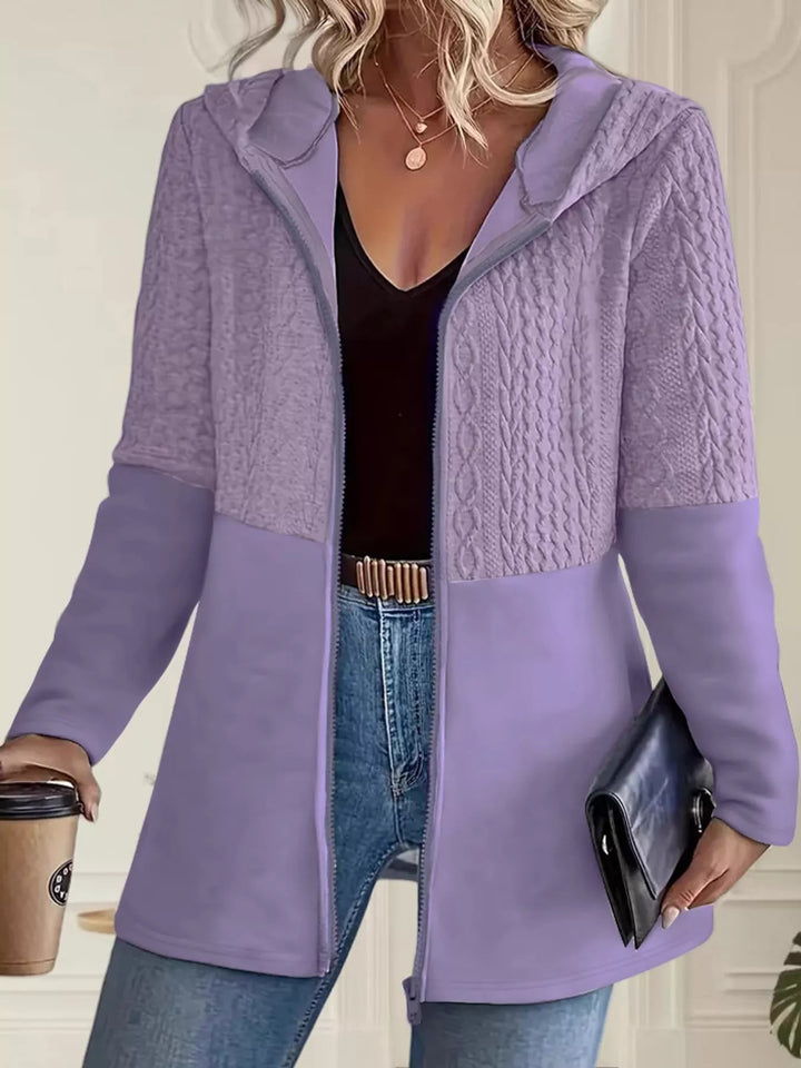Hooded zip front cable knit colorblock in purple, styled on model