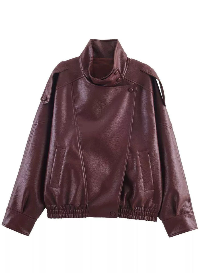 Burgundy oversized moto jacket with funnel collar, laid flat front view