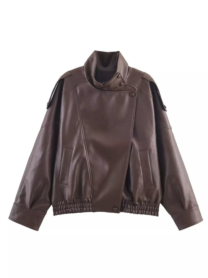 Chocolate moto jacket with funnel collar and elastic hem, laid flat