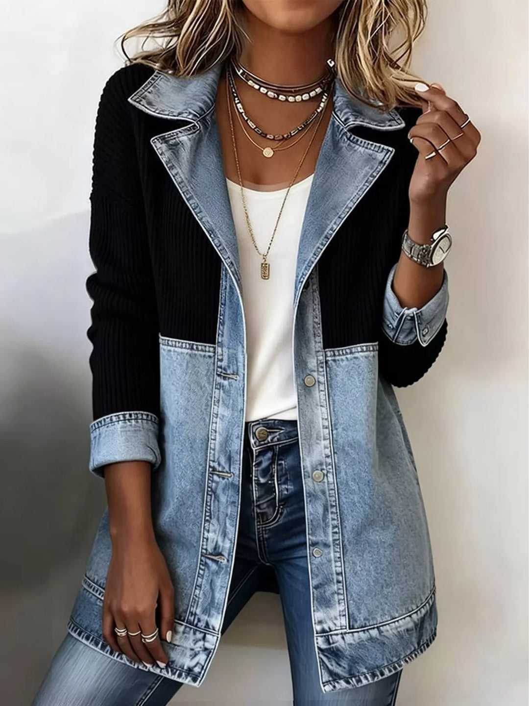 Black and denim patchwork color block jacket with lapel collar over a white top