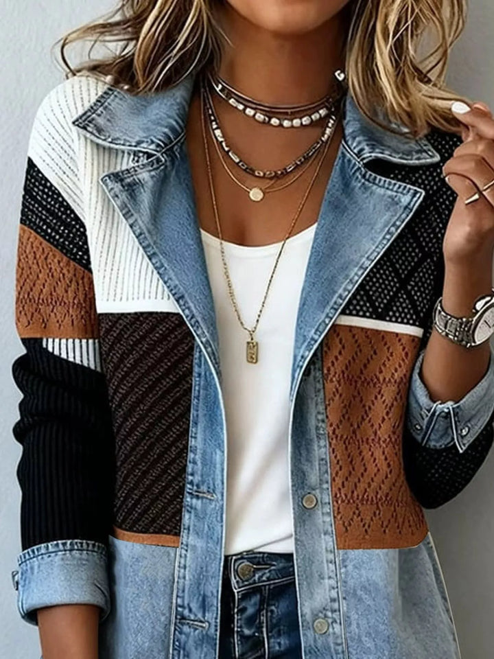 Close-up of the brown, black and white knit patchwork panels with the denim collar