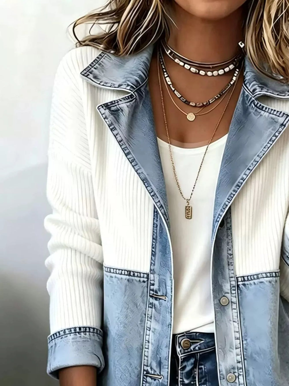 Close-up of the white ribbed sleeve and denim lapel on the patchwork jacket