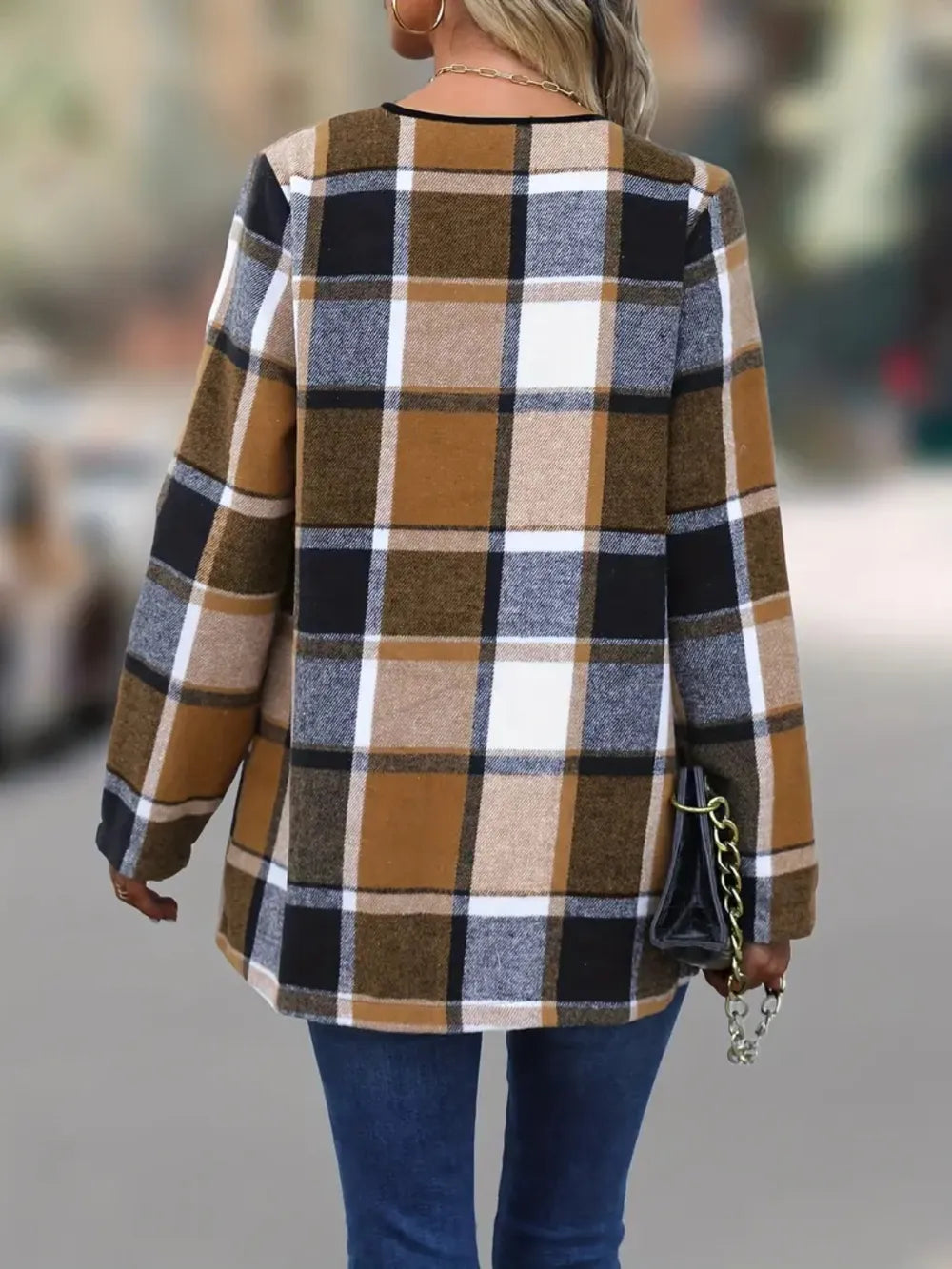 Back view of the caramel plaid jacket with a squared plaid pattern