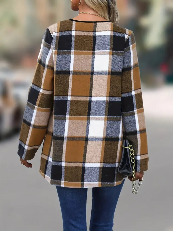 Back view of the caramel plaid jacket with a squared plaid pattern