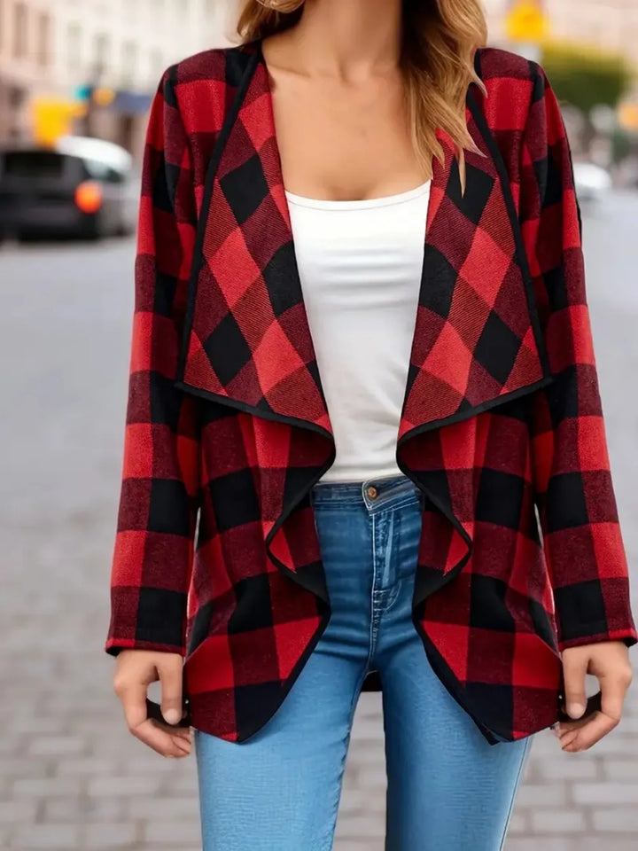 Front view of the red plaid jacket with wide draped collar over a white tank
