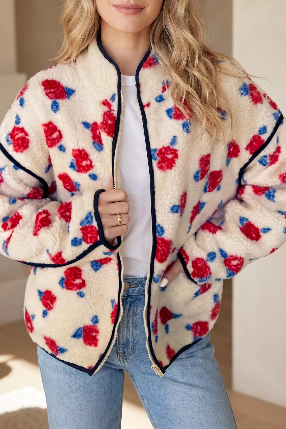 Women's fall jacket in cream floral, plush zip front with stand collar and rose print