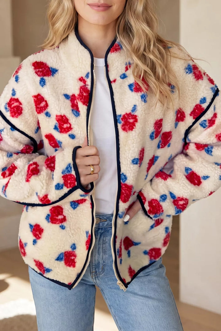 Women's fall jacket in cream floral, plush zip front with stand collar and rose print