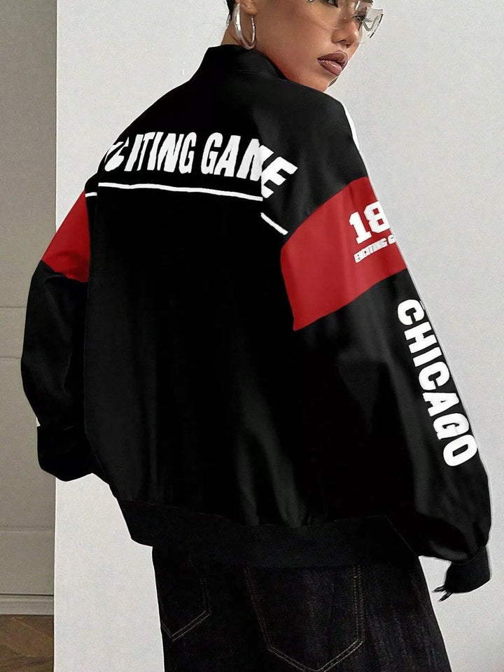 Racing letter print cropped bomber in black, back view