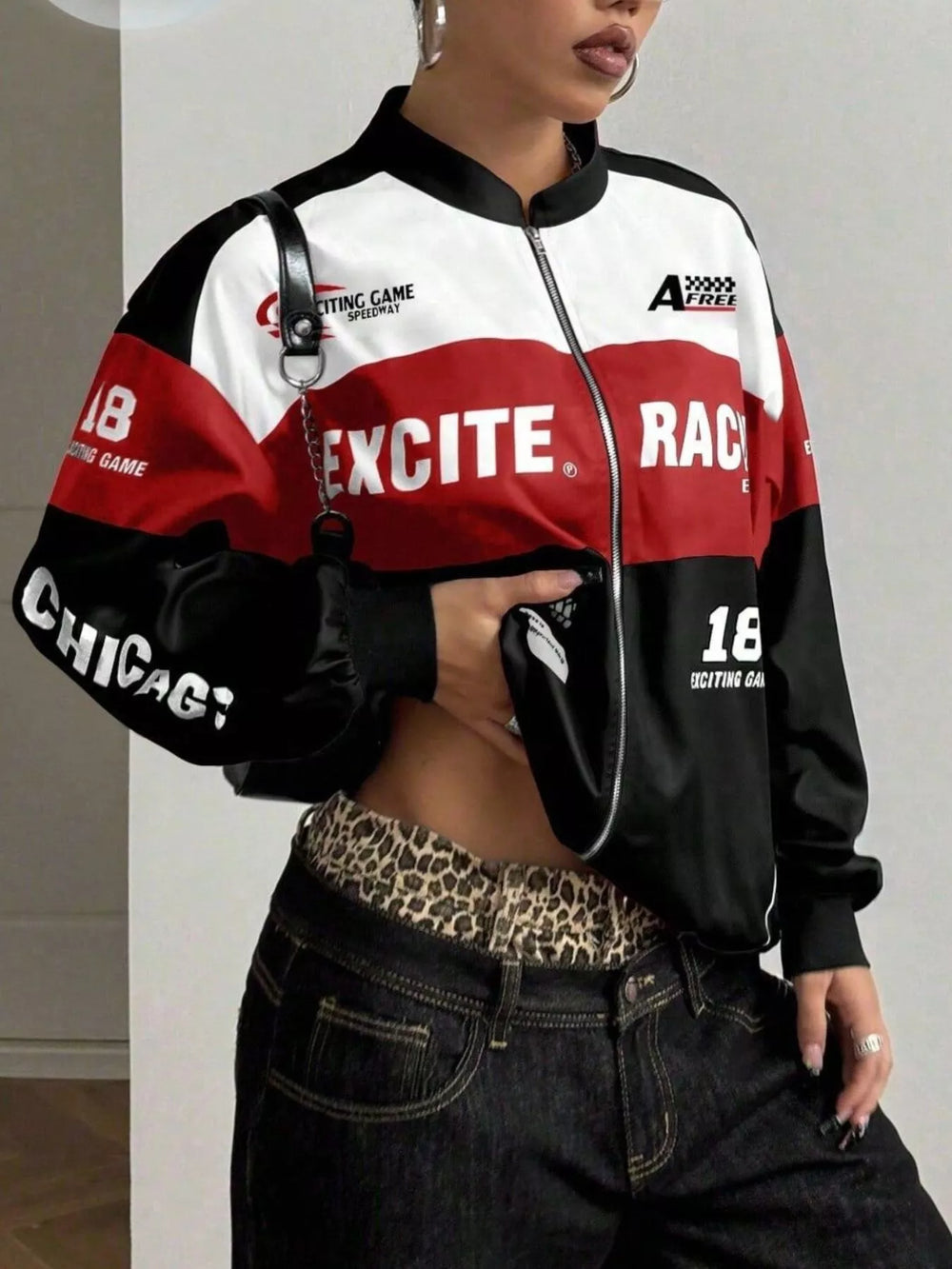 Racing letter print cropped bomber in black, front view 2