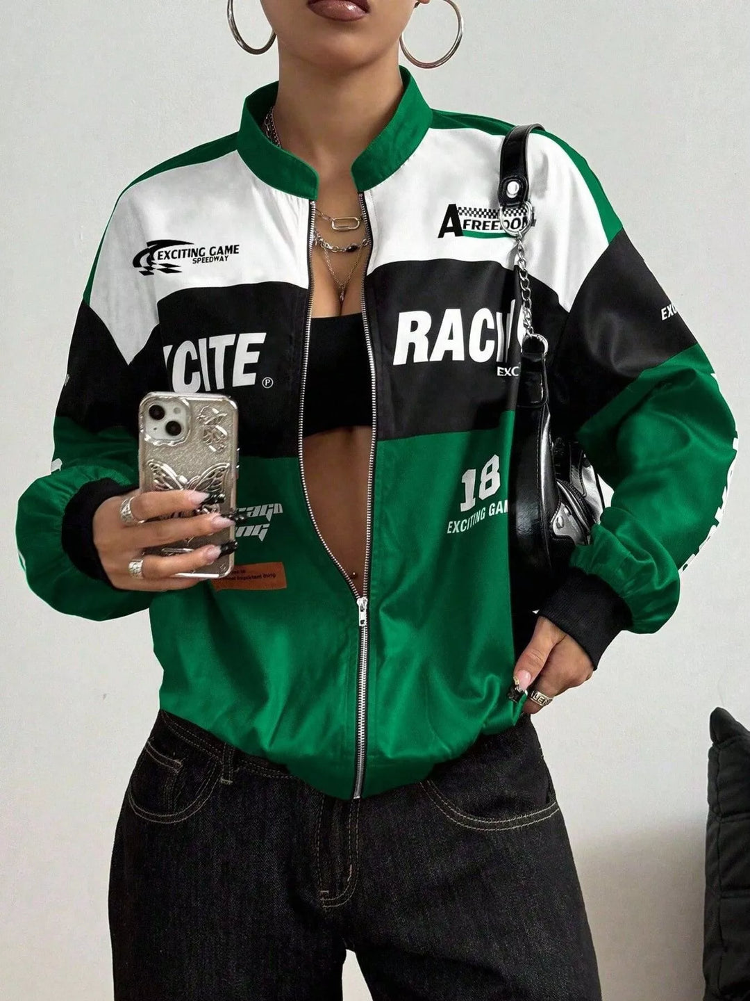 Racing letter print cropped bomber in green, front view