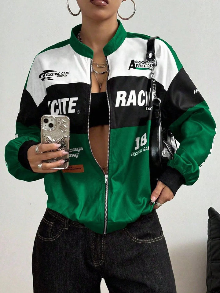 Racing letter print cropped bomber in green, front view