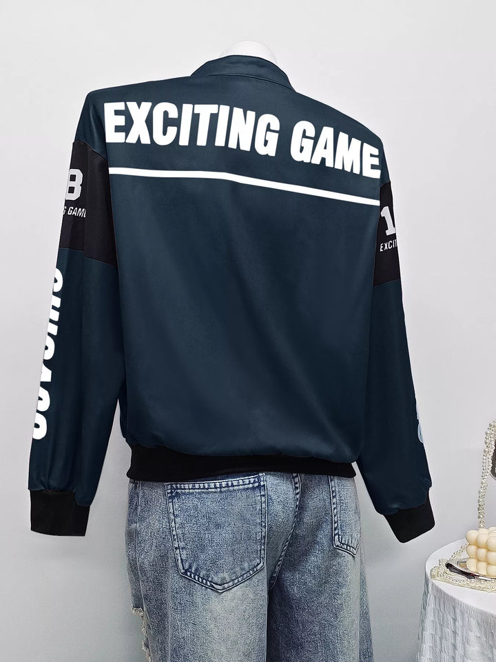 Racing letter print cropped bomber in navy blue, back view 2