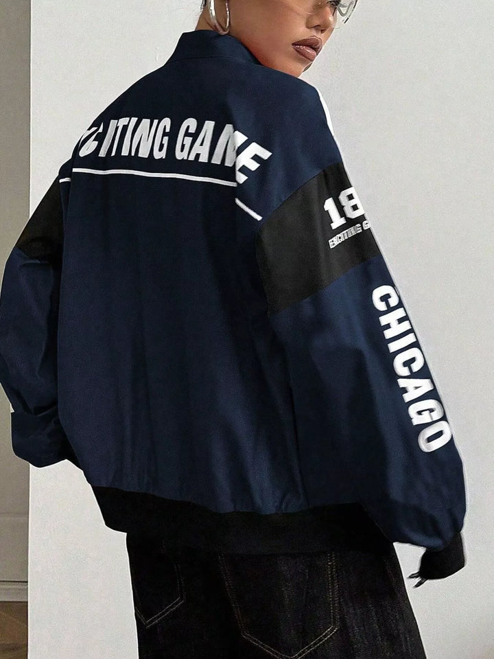Racing letter print cropped bomber in navy blue, back view