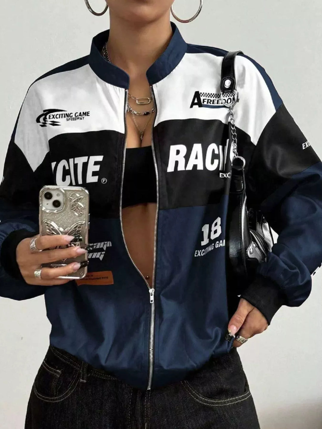 Racing letter print cropped bomber in navy blue, front view 2
