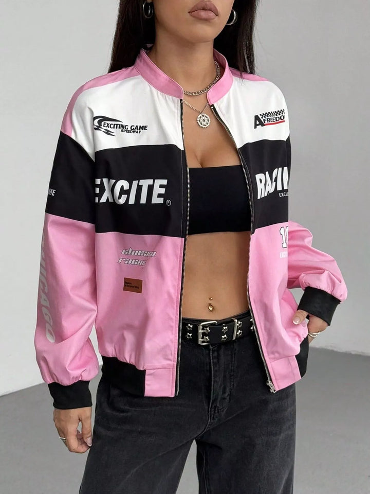 Racing letter print cropped bomber in pink, front view