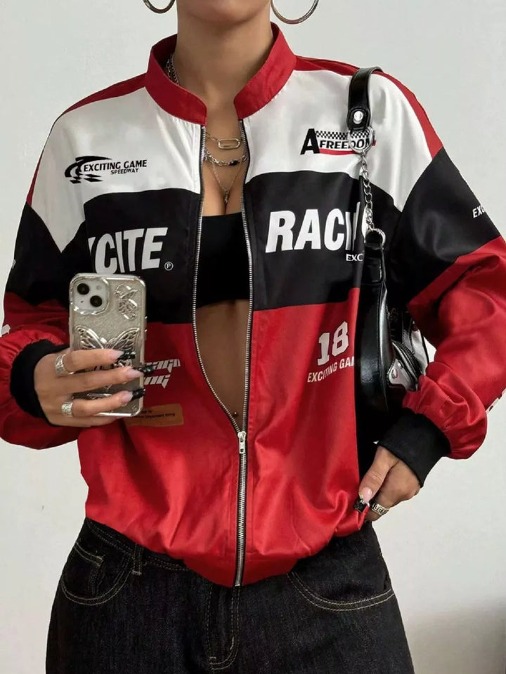 Racing letter print cropped bomber in red, front view