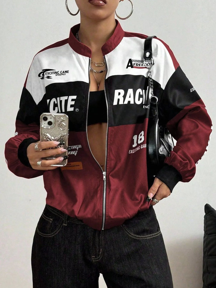 Racing letter print cropped bomber in wine red, front view