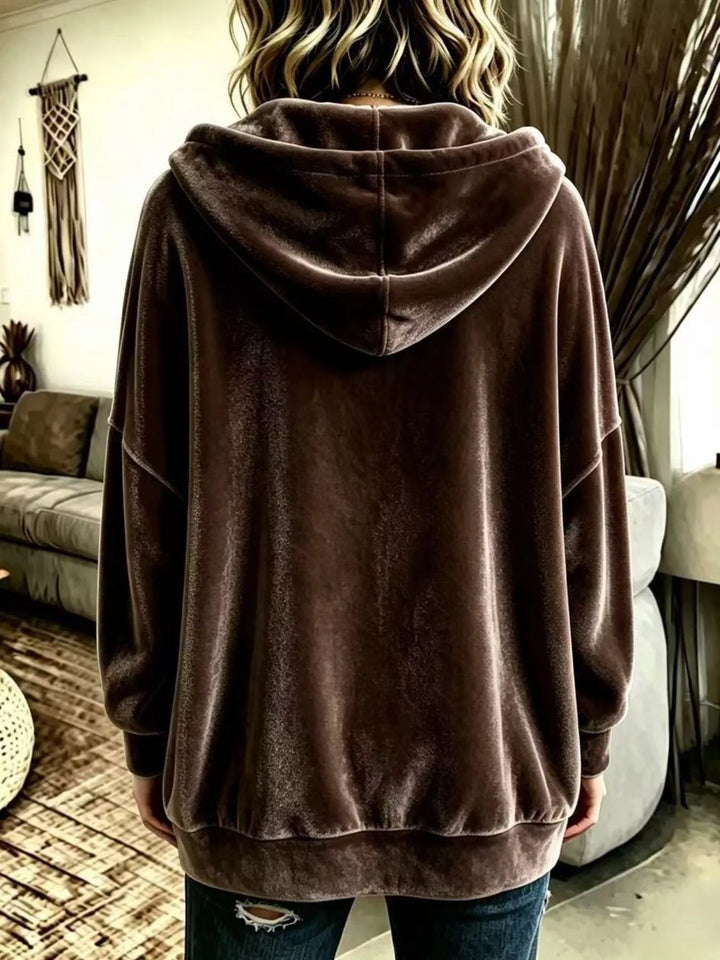 Back view of the chocolate velvet-look hooded jacket with ribbed hem