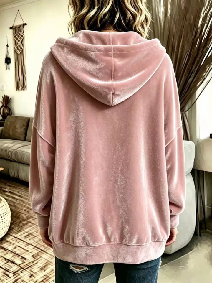 Back view of the dusty pink velvet-look hooded jacket