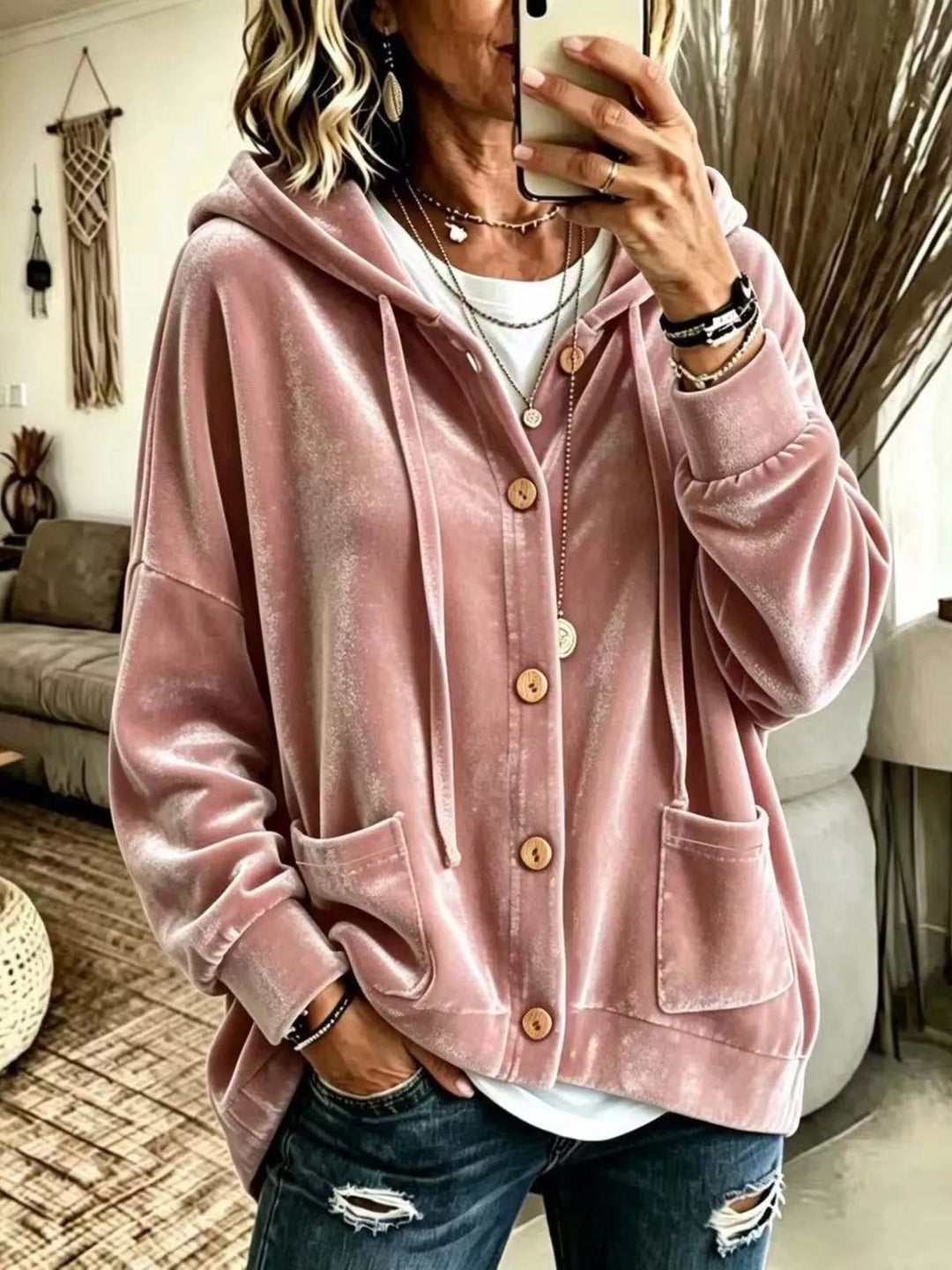 Dusty pink velvet-look hooded jacket with wooden buttons and patch pockets