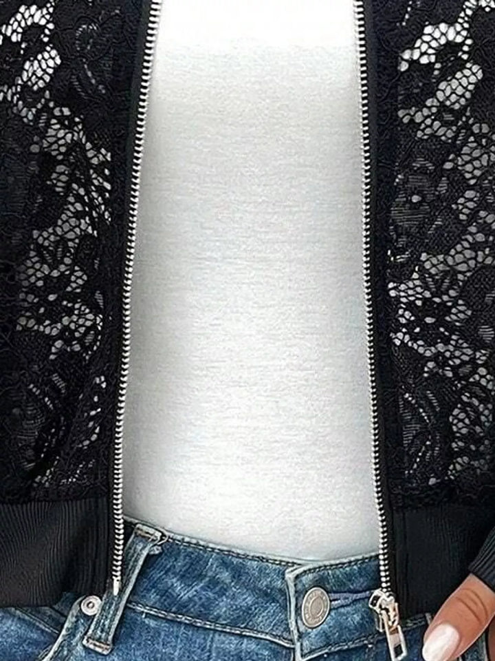 Sheer floral lace cropped zip-up bomber in black, close-up detail 2