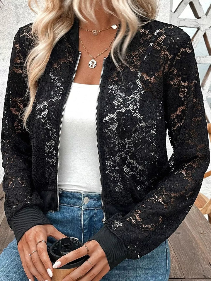 Sheer floral lace cropped zip-up bomber in black, styled on model 3