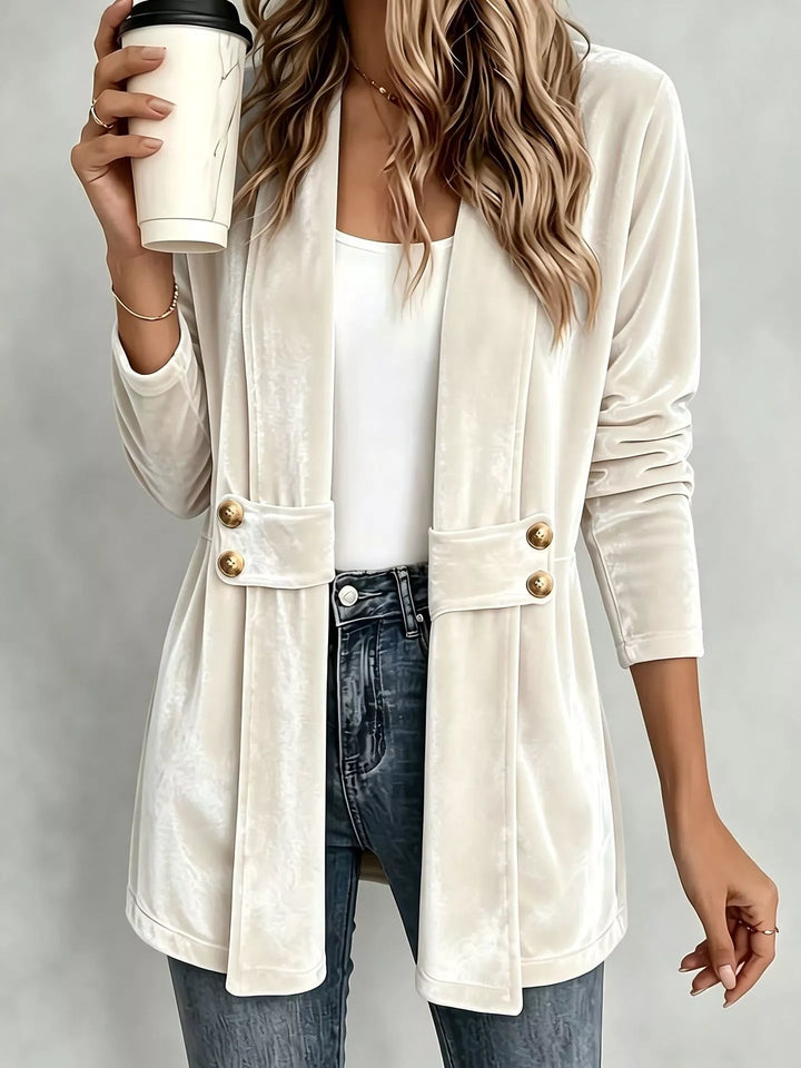 Ivory velvet-look shawl collar jacket styled with a white top and jeans