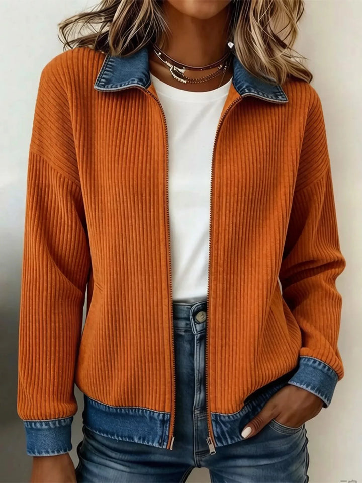 Rust ribbed knit fall jacket with denim collar and denim hem trim