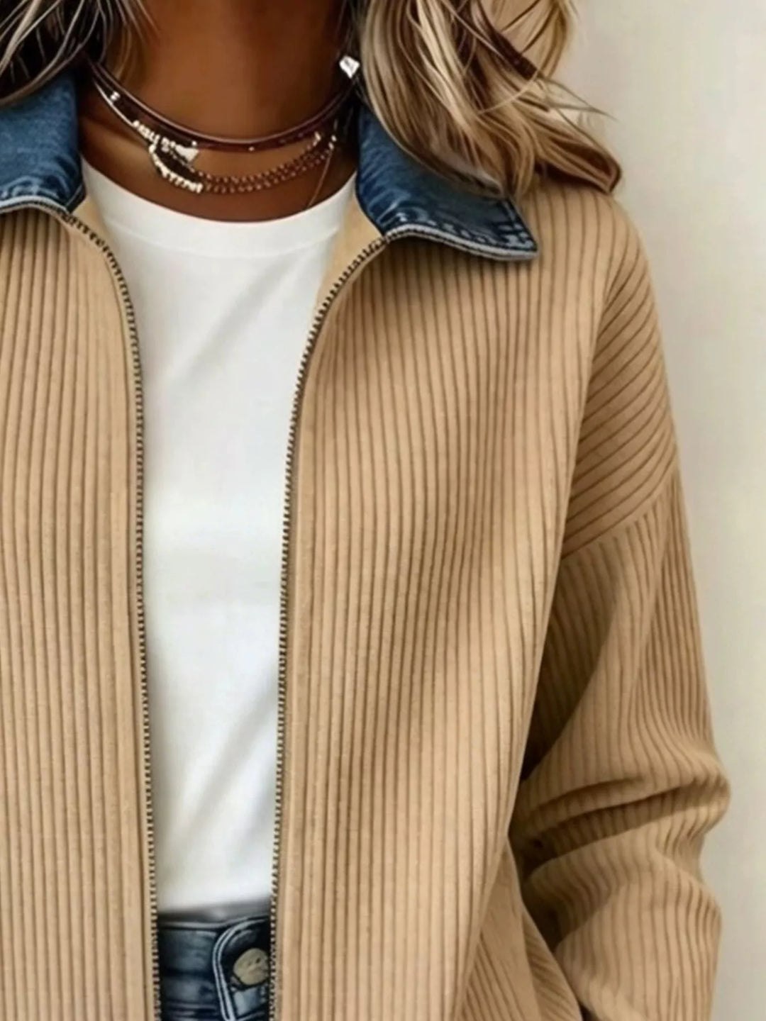 Close-up of tan ribbed knit jacket collar and open zipper front