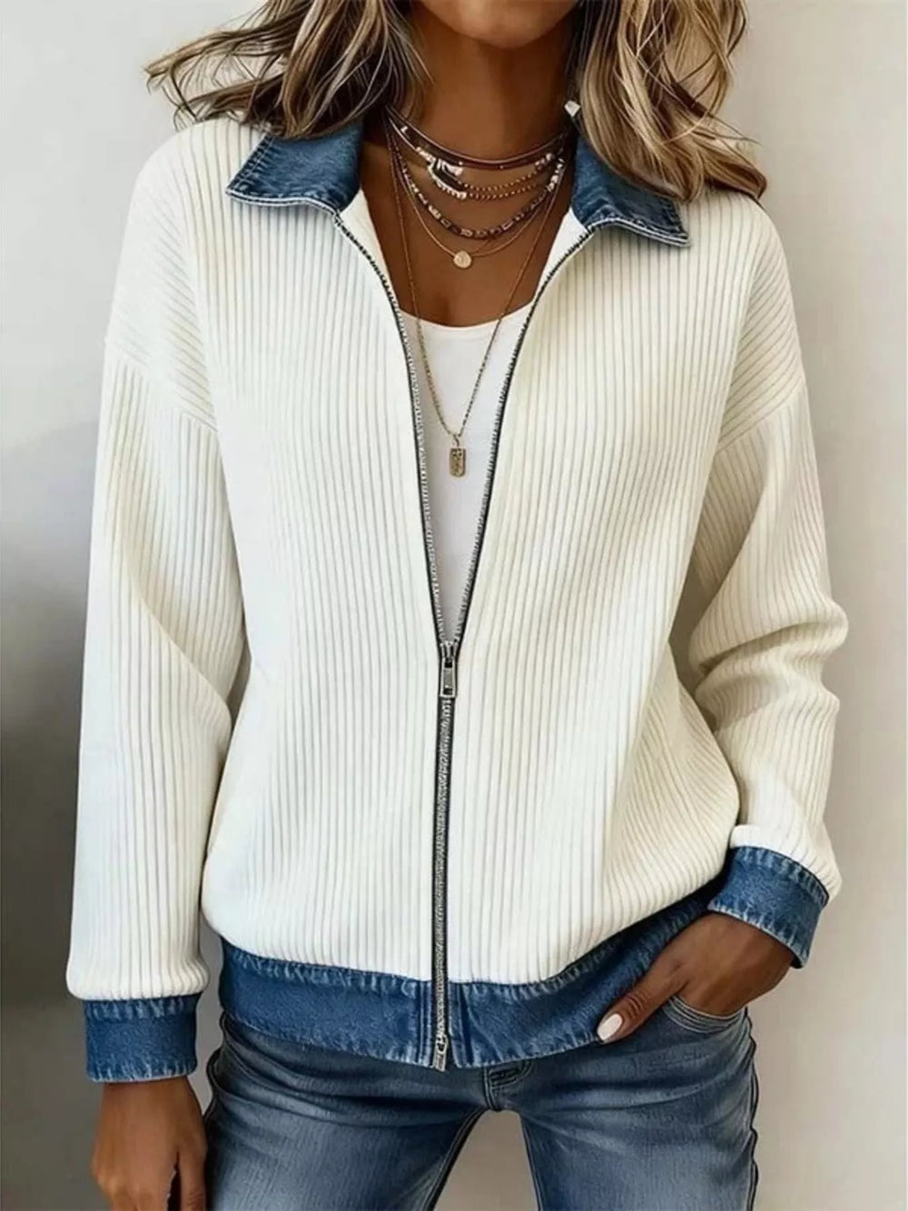 Close-up of white ribbed knit jacket zipper and denim trim at the hem