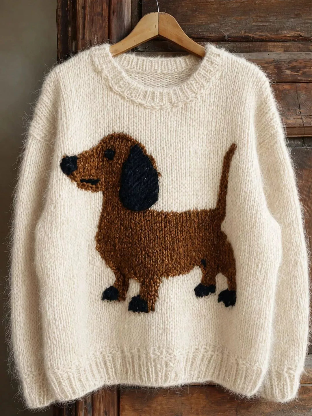 Cream chunky knit crew neck sweater with a dachshund design on a hanger