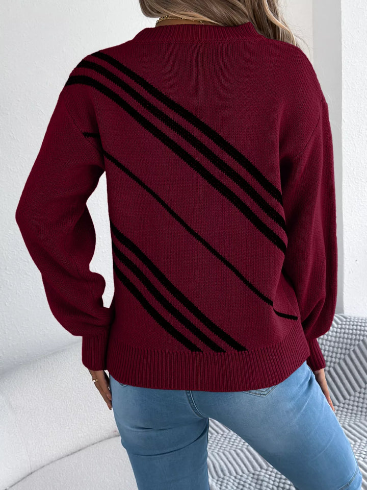 Back view of the burgundy crew neck sweater with diagonal stripes