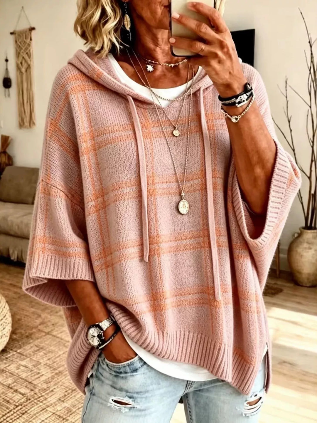 Blush pink plaid hooded sweater with drawstrings and batwing sleeves