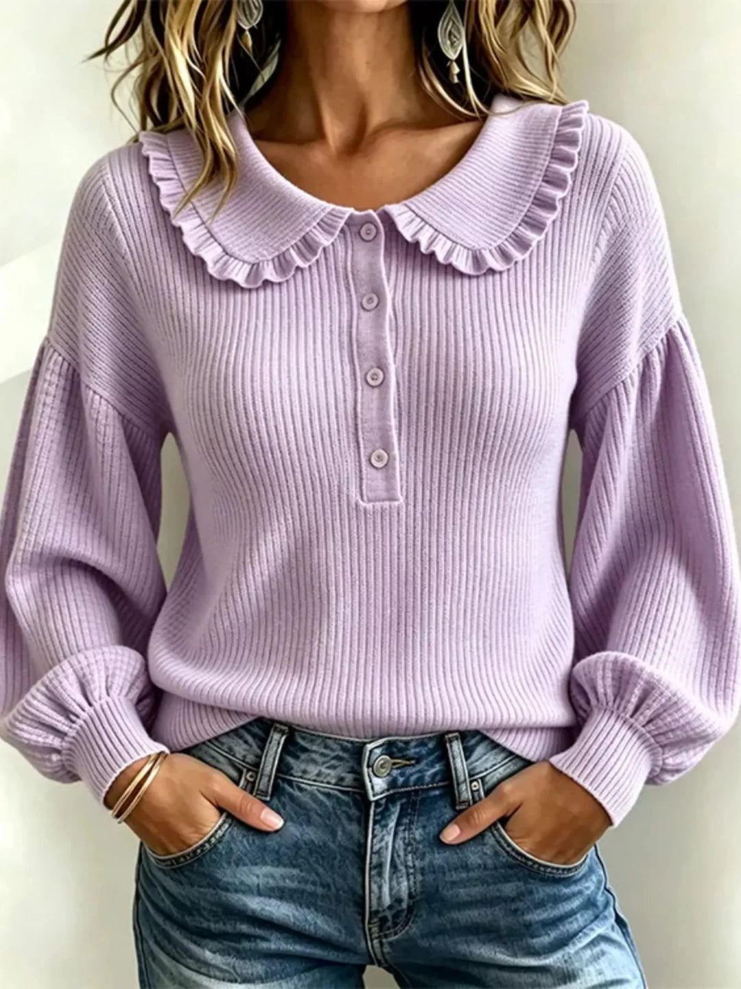 Lavender ribbed knit sweater with ruffle collar and button front, worn with jeans