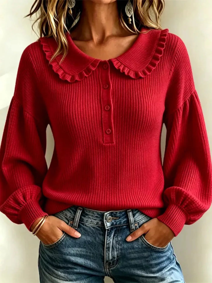 Red ribbed knit sweater with ruffle Peter Pan collar and puff sleeves, front view