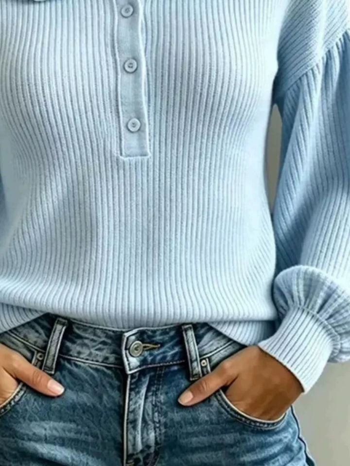 Sky blue ribbed knit sweater detail with ribbed cuff and jeans waist