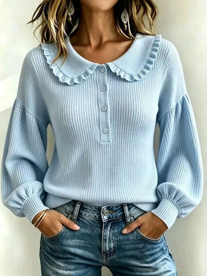 Women's fall sweater in sky blue, ribbed knit with ruffle Peter Pan collar and puff sleeves