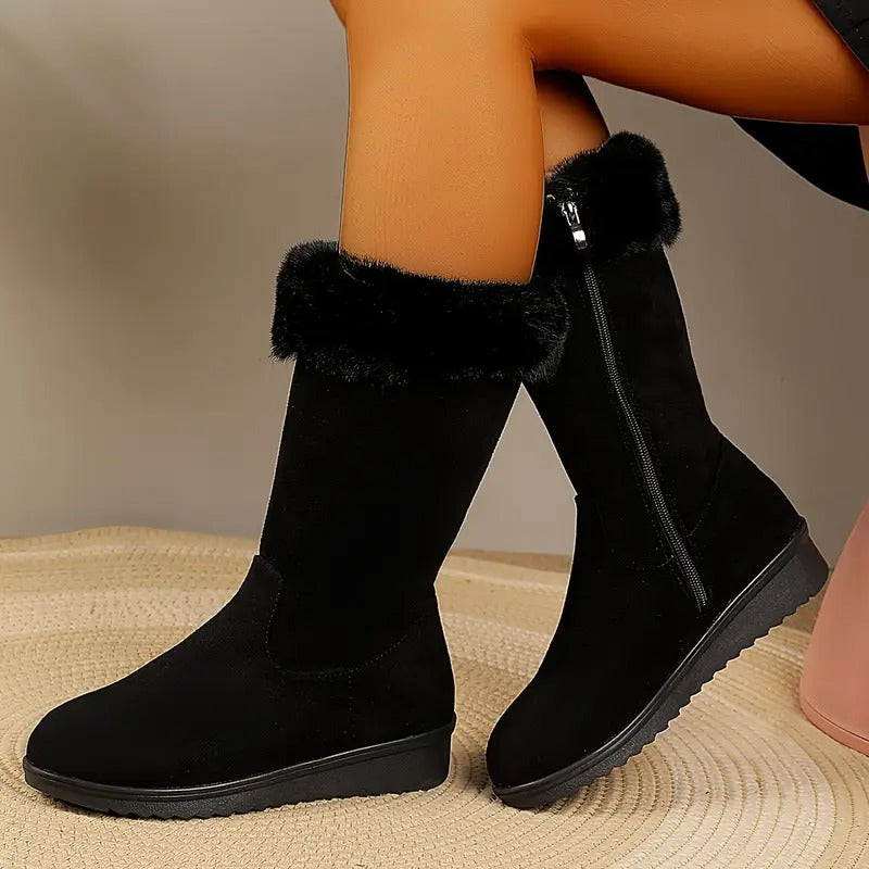 Women's faux fur winter boots in black, mid calf with plush lining and wedge sole