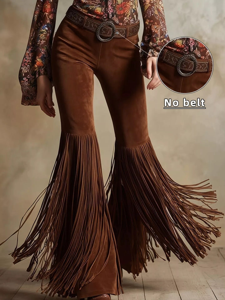 Women's brown flare pants with fringe hem, front view with belt detail inset
