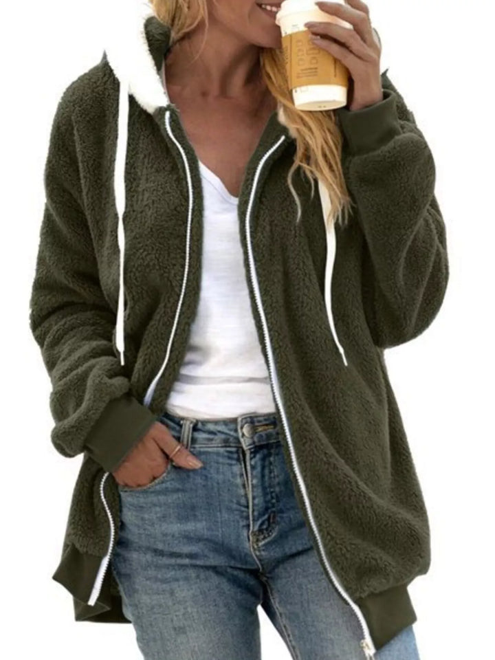 Olive green fuzzy zip up fleece jacket with hood, full front view