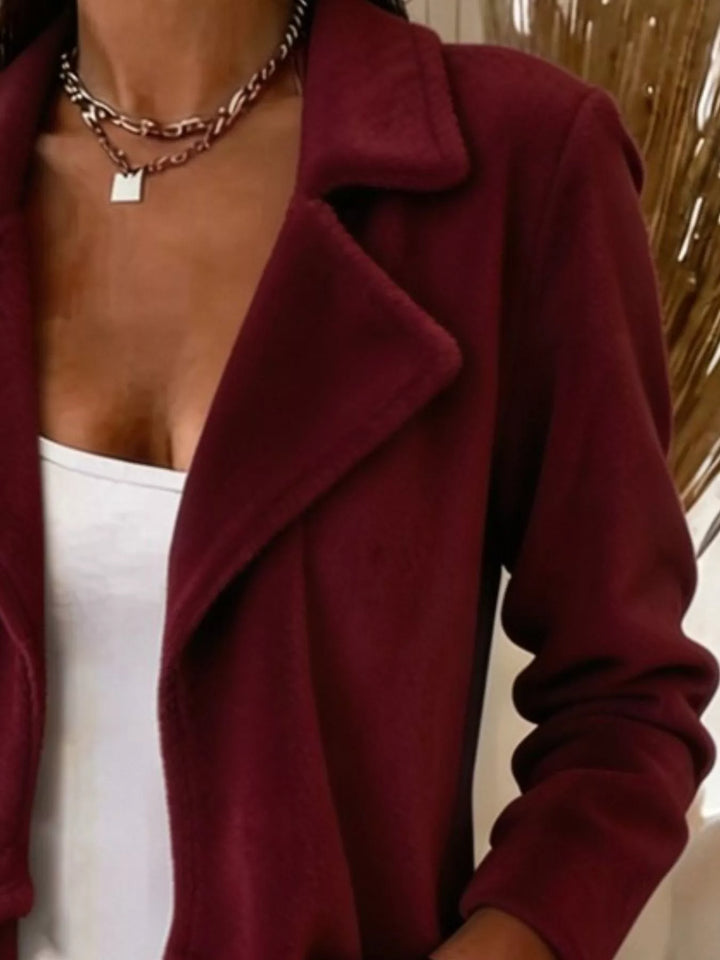 Waterfall drape lapel collar plus size in burgundy, close-up detail