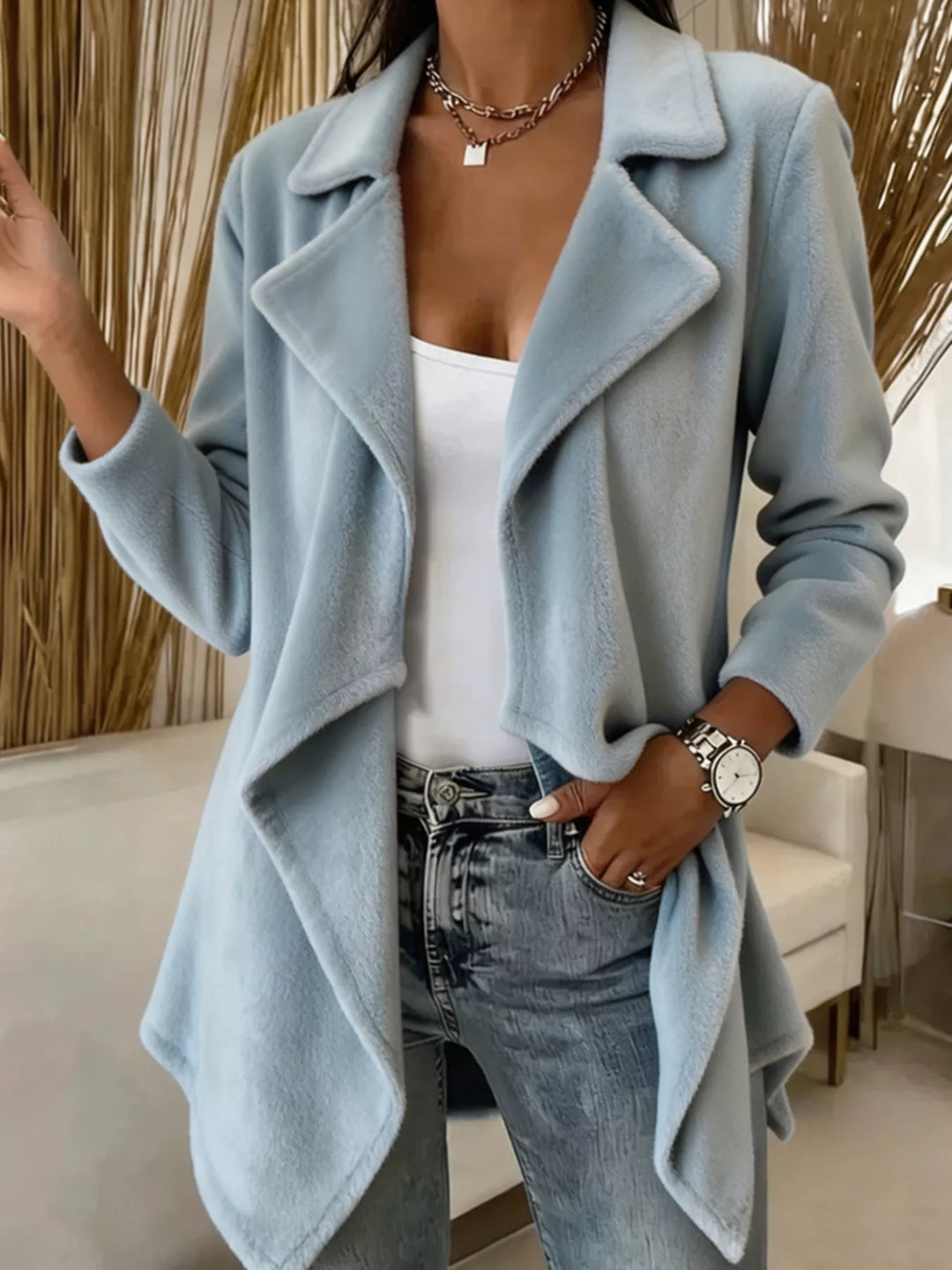 Women's fleece-look jacket in sky blue, waterfall drape lapel collar plus size