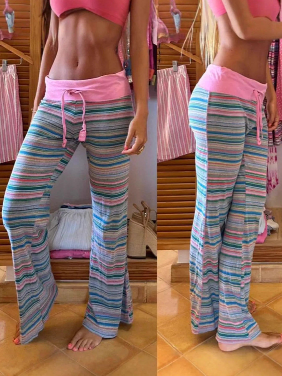 Front and side views of pink striped knit flare pants shown side by side