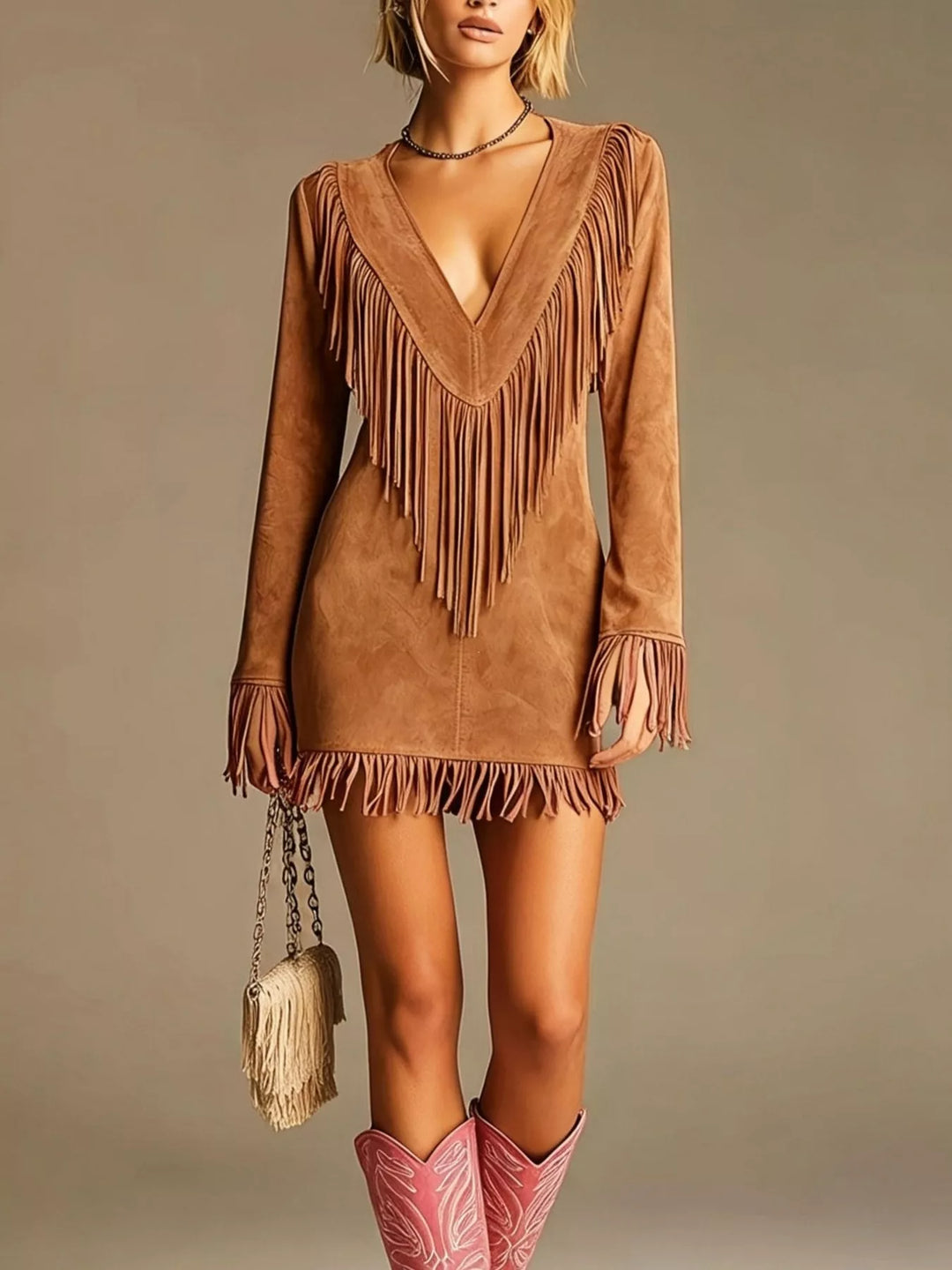 Women's mini dress in brown, suede-look v-neck long sleeve mini
